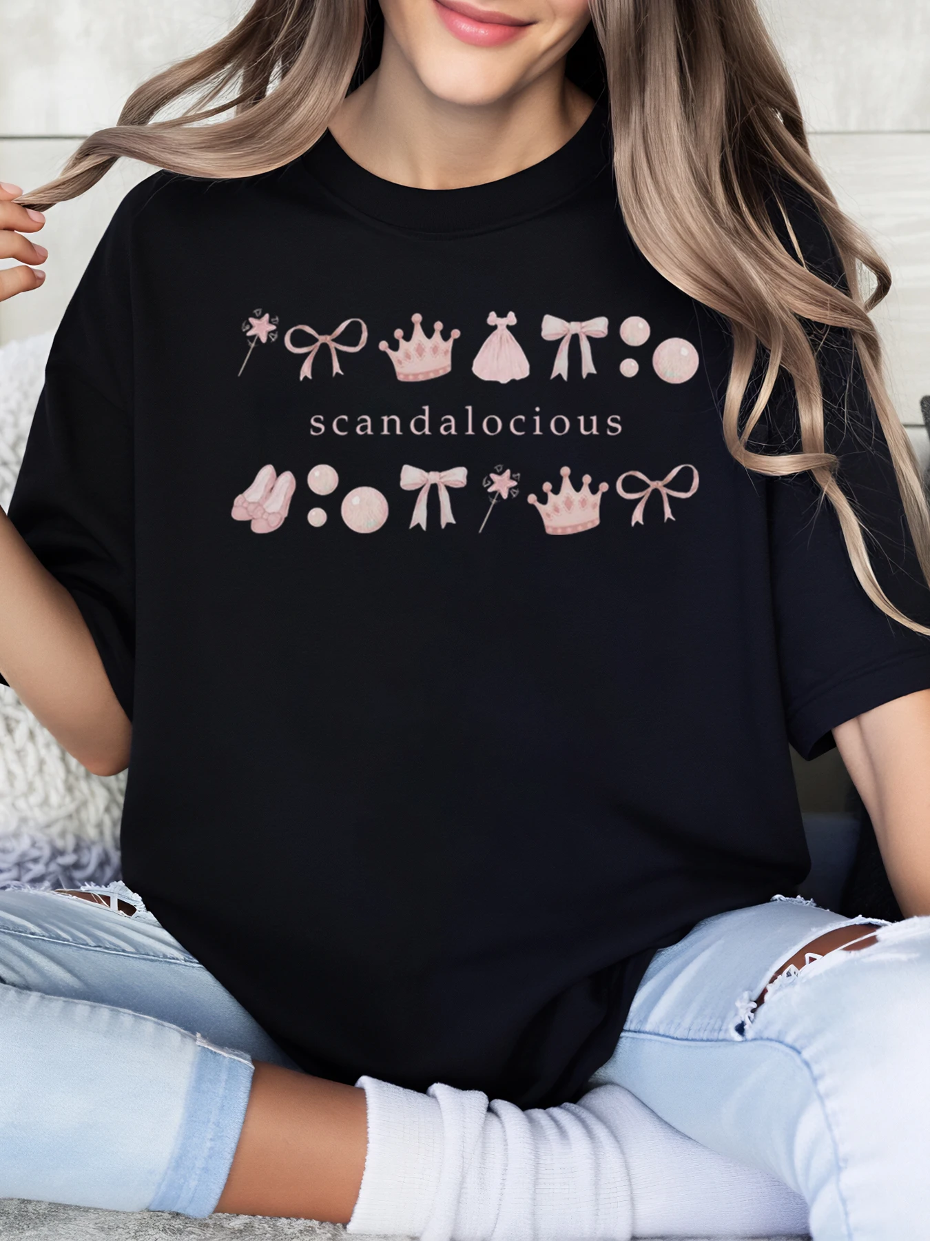 Camiseta con estampado de texto escandioso y iconos de princesa, ropa informal de Halloween para mujer, color negro, talla grande