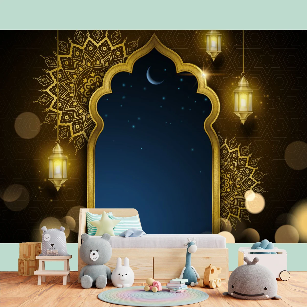 7x5ft Fabric Muslim Ramadan Kareem Backdrop Mosque Silhouette Golden Arch Moon Stars Lanterns Islamic Background Eid Mubarak