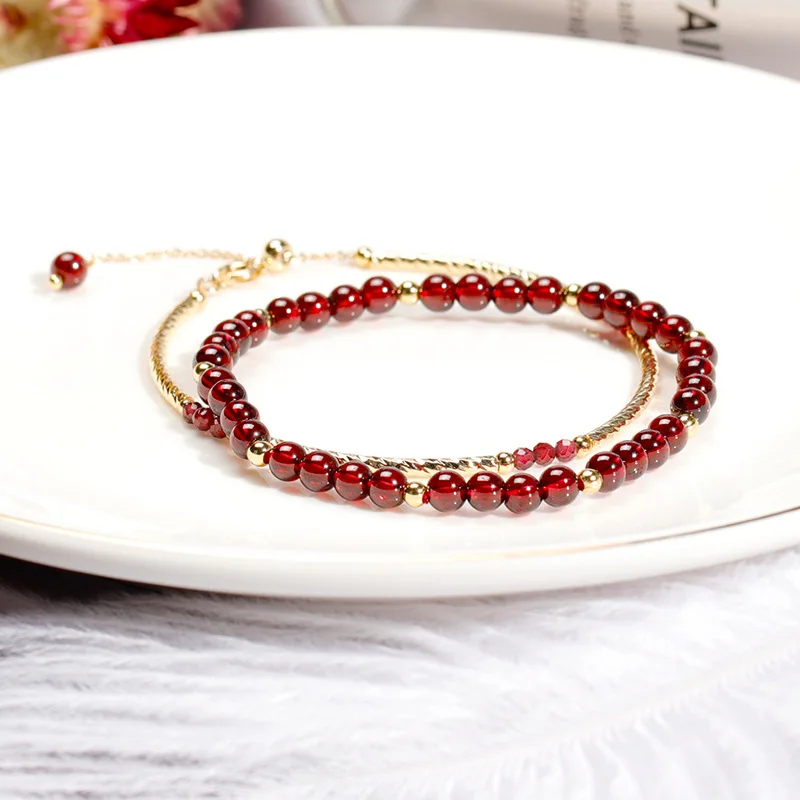 

Exquisite 14k Gold Plated Wine Red Natural Garnet Beaded Bracelets For Women Female Lucky Fashion Jewelry Gifts