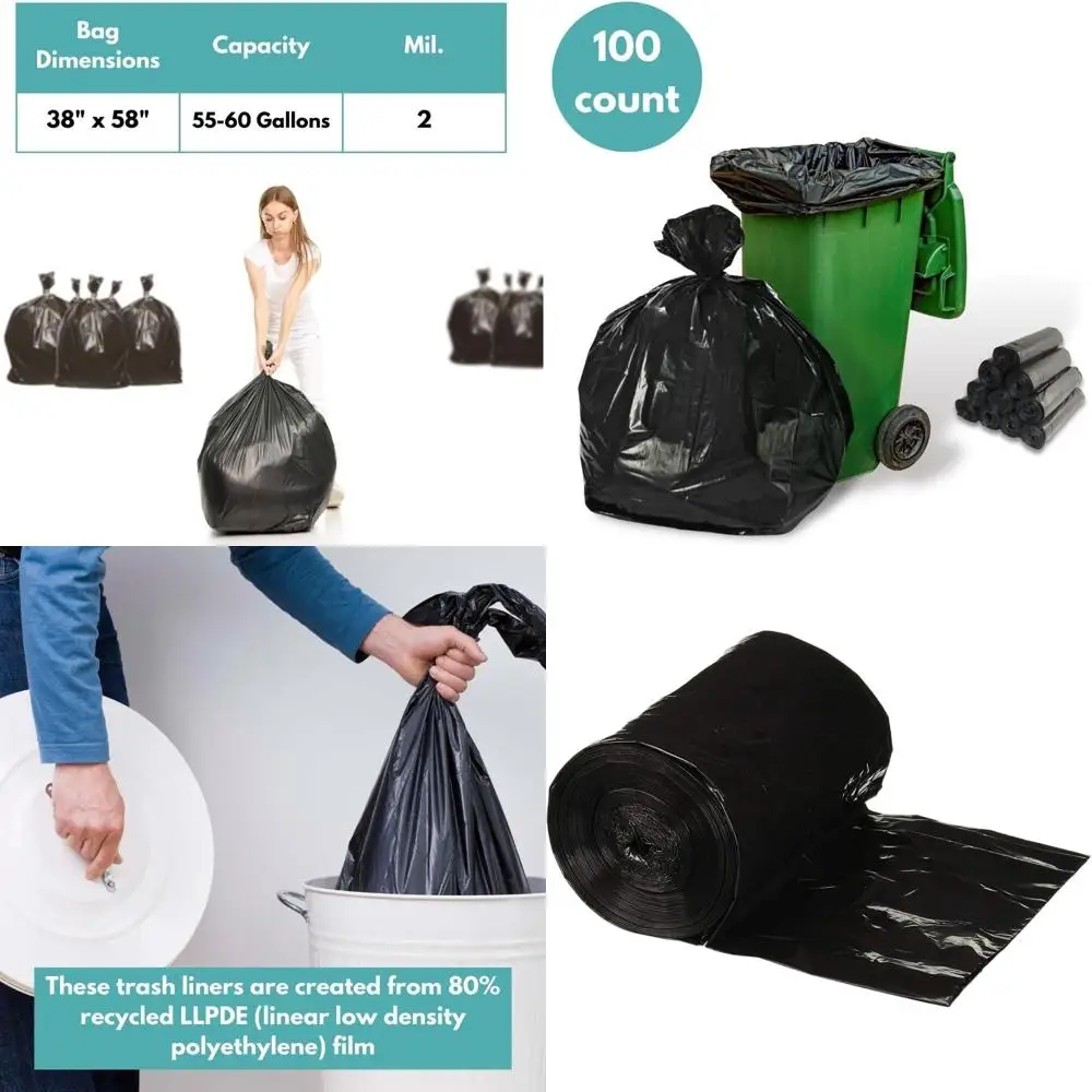 

Heavy-Duty 55-60 Gallon Black Trash Bags, 100 Pack, 2 Mil, Ideal for Commercial Kitchens, Warehouses, Offices, and Janitorial Us