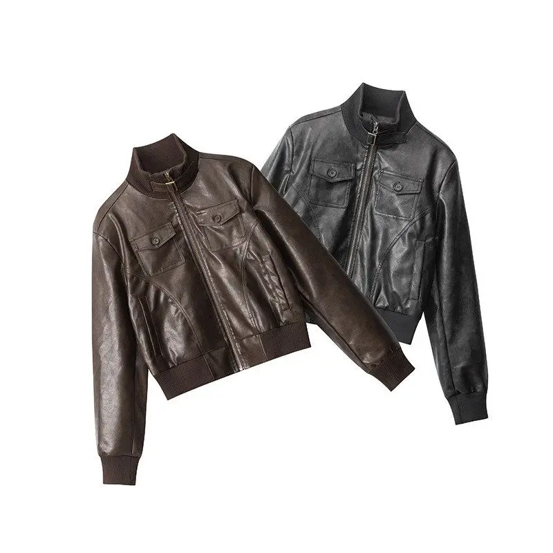HeyHenry2025 Versátil ort PU Couro Jaet American Sle Outono Inverno Feminino Jaet Gola Retro oulder Comprimento