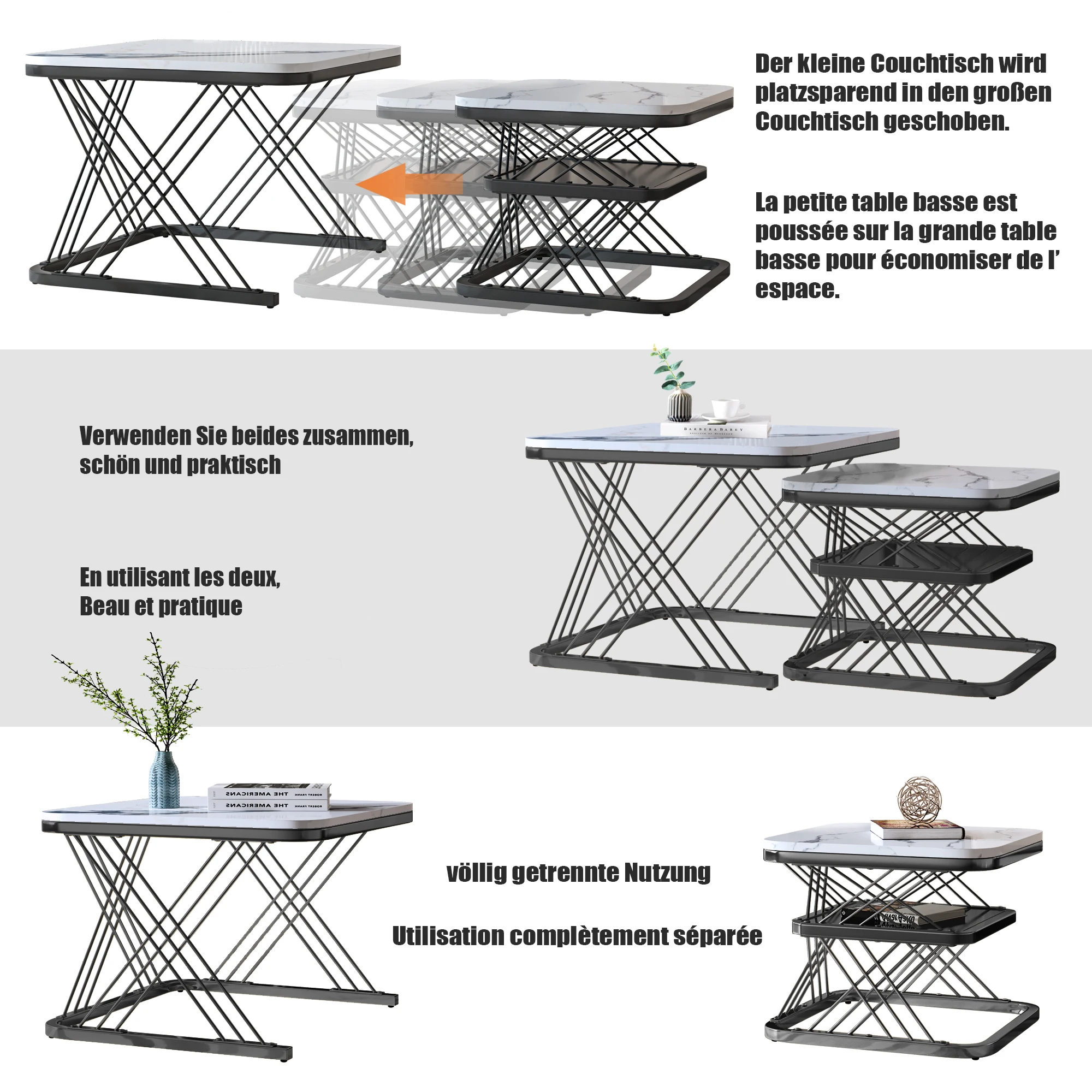 Zestaw 2 nowoczesnych stolików bocznych, PVC o wyglądzie marmuru, matowych czarnych rurek stalowych, 2 stoliki pomiarowe 65x65x45 cm i 45x45x38 cm.