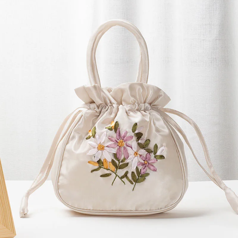 Small Women Bucket Bag Top Handle Ladies Handbag Phone Bag Summer Purse National Style Embroidered Flower Pattern Drawstring Bag