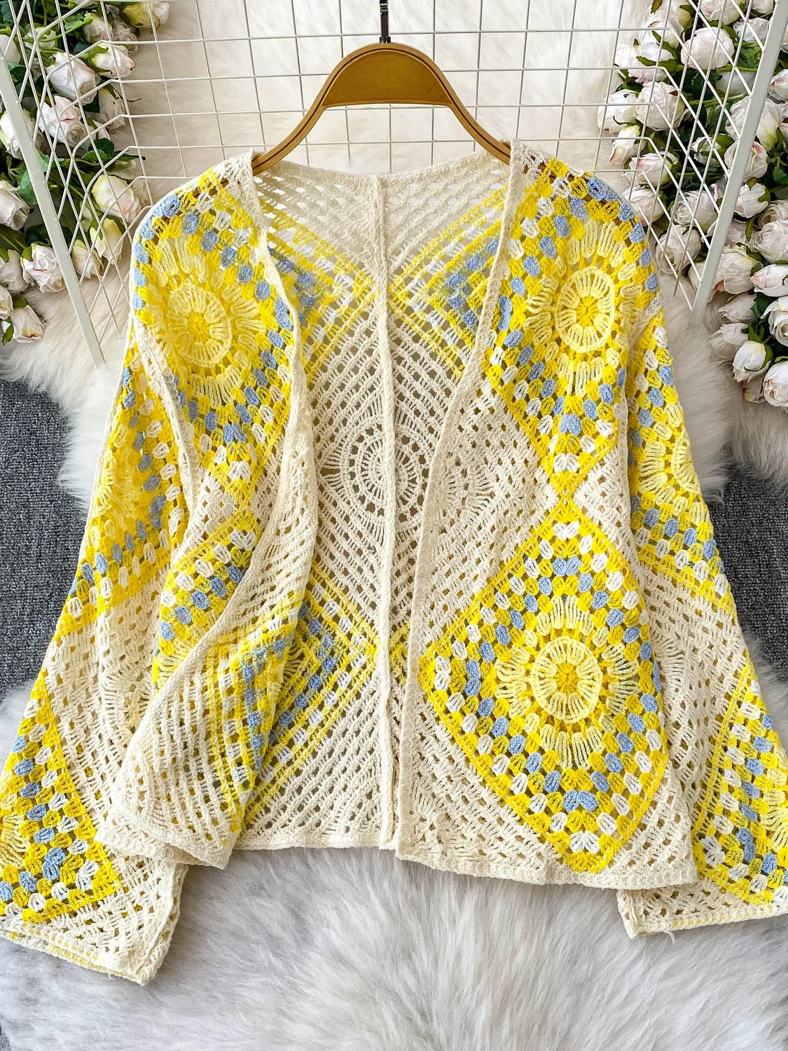 

Women's Knitted Hollow out Hook Flower Cardigan Loose Fit Versatile Sli Slimming Top Commute Sle Korean Loose Sve Long