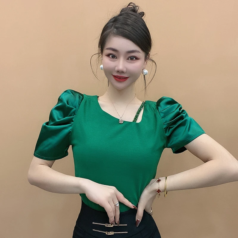 

Fashion Skew Collar Spliced Beading Puff Sleeve Blouses Women's Clothing 2025 Summer New Loose Office Lady Tops Korean Shirts