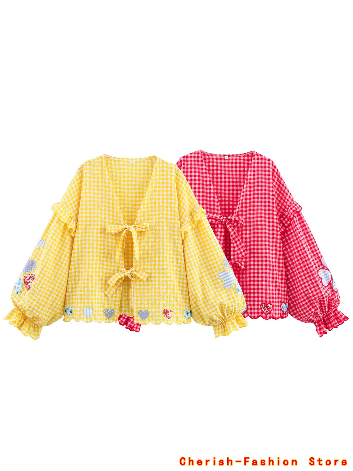 

2025 women Fashion Bandage Plaid Lady Shirts Embroidery Heart Blouse Yellow Tartan Shirts And Blouses Casual Ladylike Style