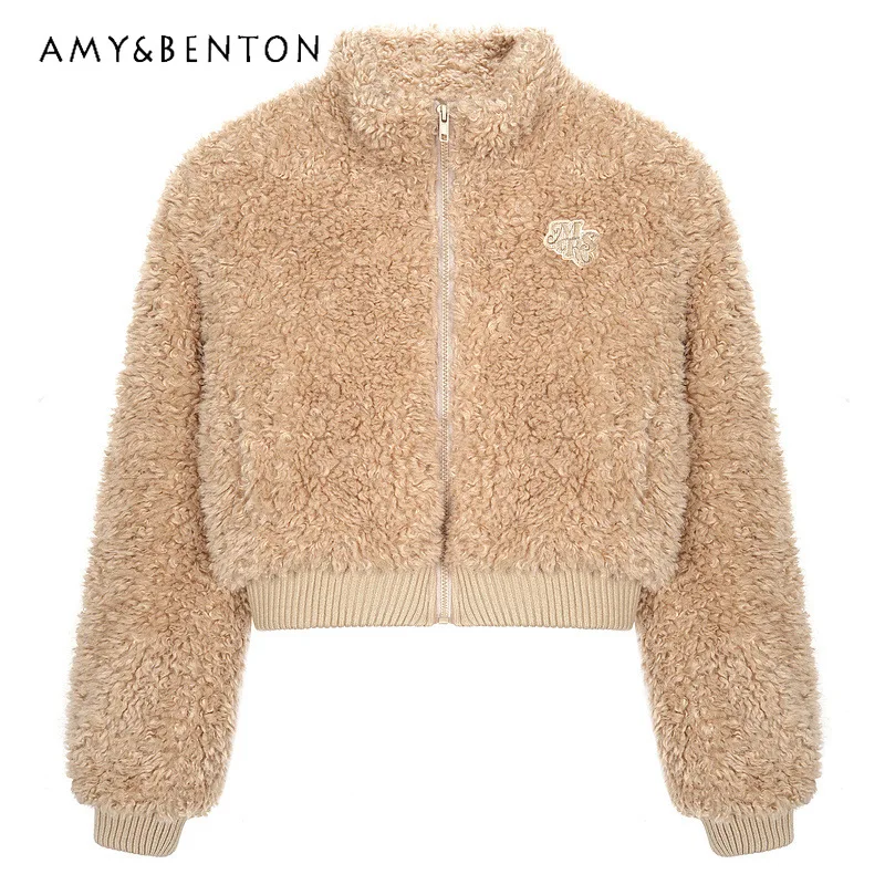 

2025 Winter New American Stand Collar Lamb Wool Women's Short Jackets Loose Sweet Cool Casual Warm Versatile Cotton Coats Unisex