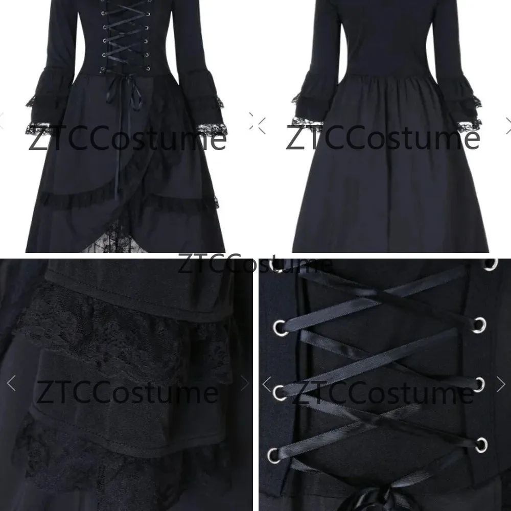

Sweet Lolita Cosplay Dress Women Vintage Long Sleeve Ruffled Patchwork Shirt Dress with Bow Collar Black Costume