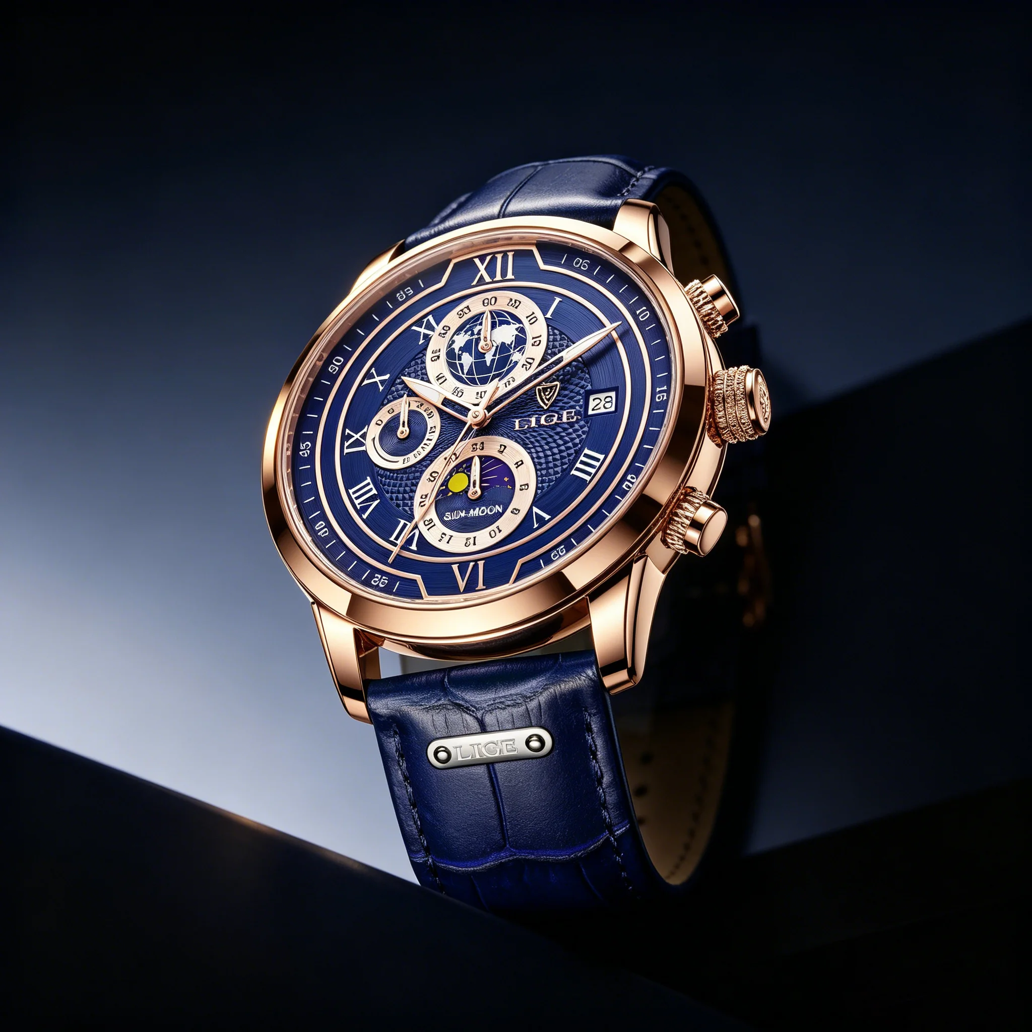 LIGE Chronograph Quartz Watches for Men Fashion Blue Leather Strap Casual Sport Wristwatch with Date 24-hour