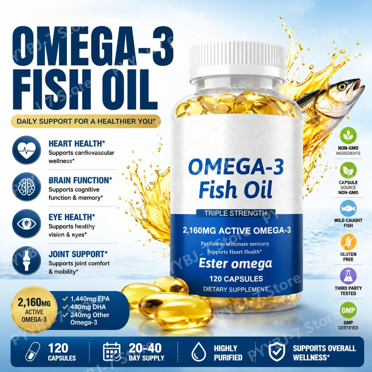 

Triple Strength Fish Oil Softgels Omega-3, EPA & DHA, Supports Heart, Brain & Joint Comfort for Men & Women 120 Capsules