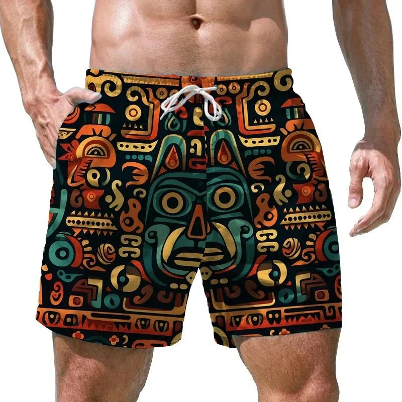 

Fashionable Hawaiian Tiki 3D Printed Beach Shorts, Casual Aroha Polynesian God Shorts, Loose and Breathable Shorts for Men and B