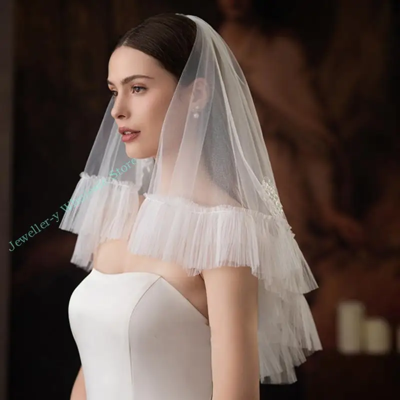 

R7UF Elegant Wedding Party Veil Embroidery Flower Bridal Veil Engagement Event Veil