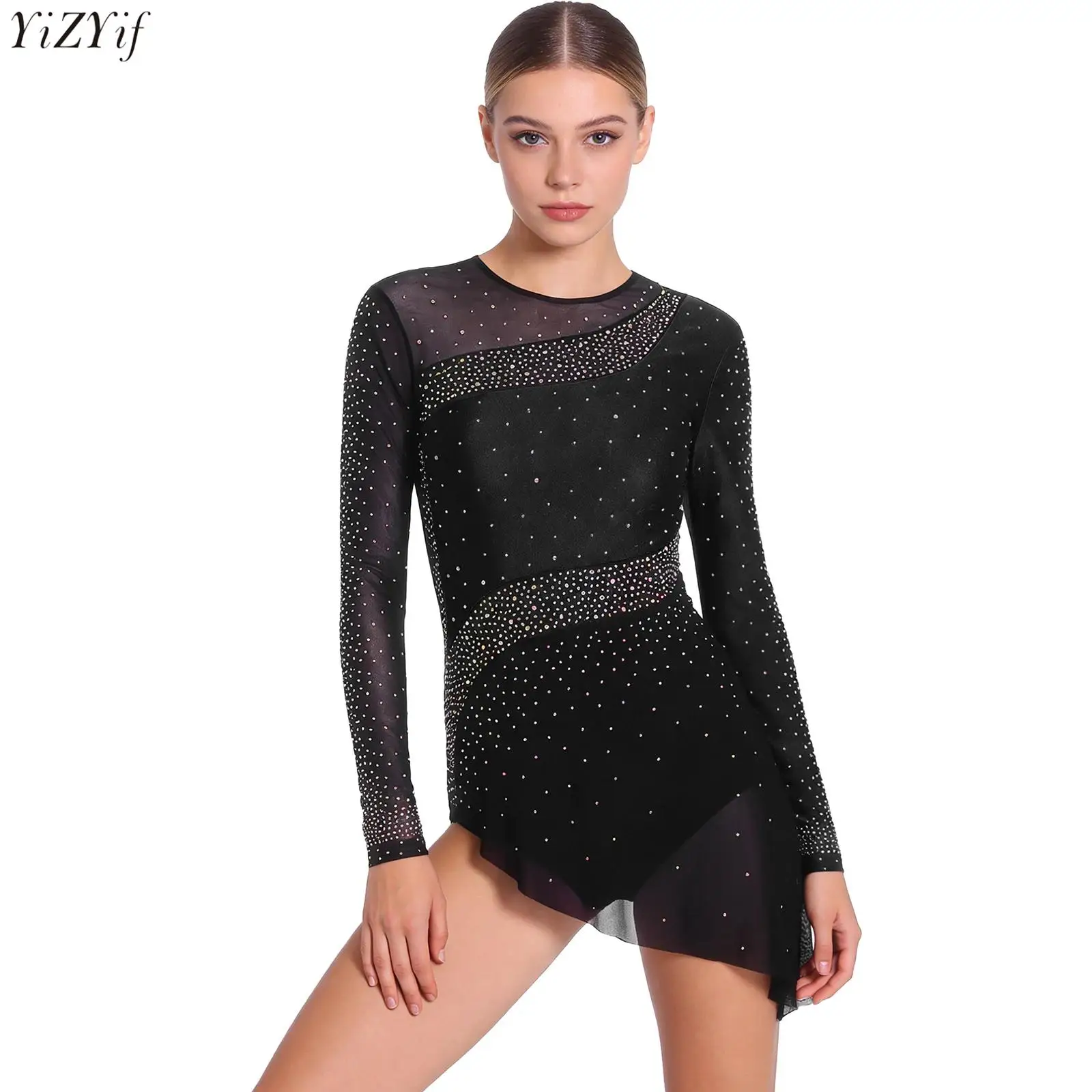 

Women Color Blocking Leotard Ballet Lyrical Dancing Dress Long Sleeves Rhinestone Back Cutout Dress for Performance Competition