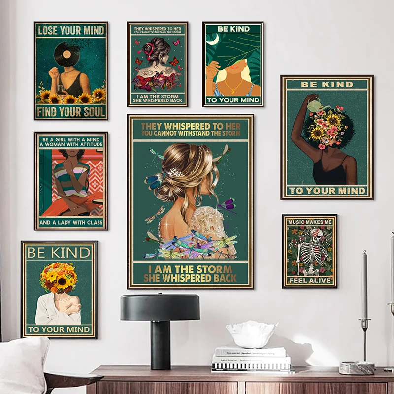 Affiches et imprimés sur toile Vintage Mental Be Kind To Your Mind, peinture de sensibilisation à la santé mentale, images d'art murales, décoration de la maison