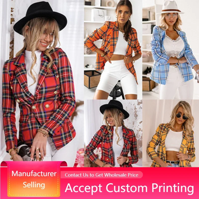 Plaid Blazer Jacke 2022 Herbst Frühling Frauen Kurze Mantel Langarm Slim Fit Kerb Kragen Elegante Büro Anzug Mantel Mit botton