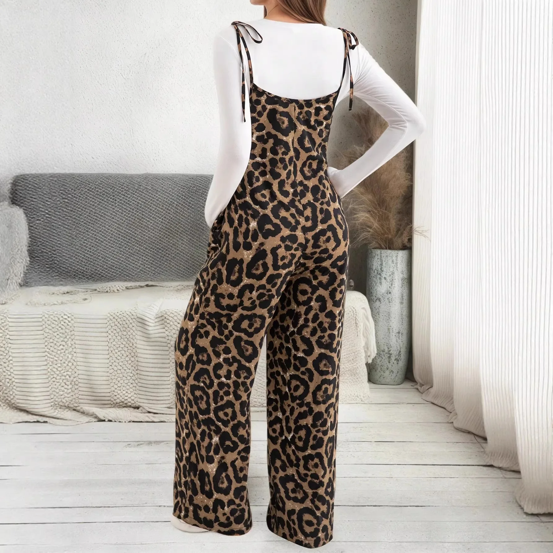 2026 New Spring Summer Leopard Print Maternity Overalls Adjustable Straps Wide Leg Jumpsuits Loose Pregnancy Long Trousers Daily
