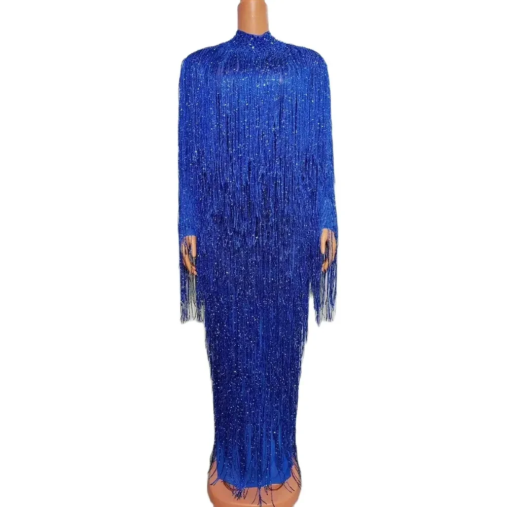 Abito da donna sexy in filato netto da palcoscenico pieno di nappe scintillanti, discoteca, festa, palcoscenico, ballerino, danza bling, servizio fotografico