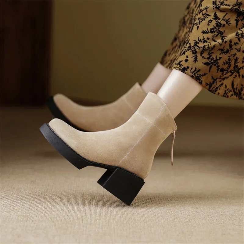 New Winter Ankle Boots Round Toe Boots Cow Suede Women Shoes Chunky Heels Shoes for Women Thermal Wool Boots Platform Shoes