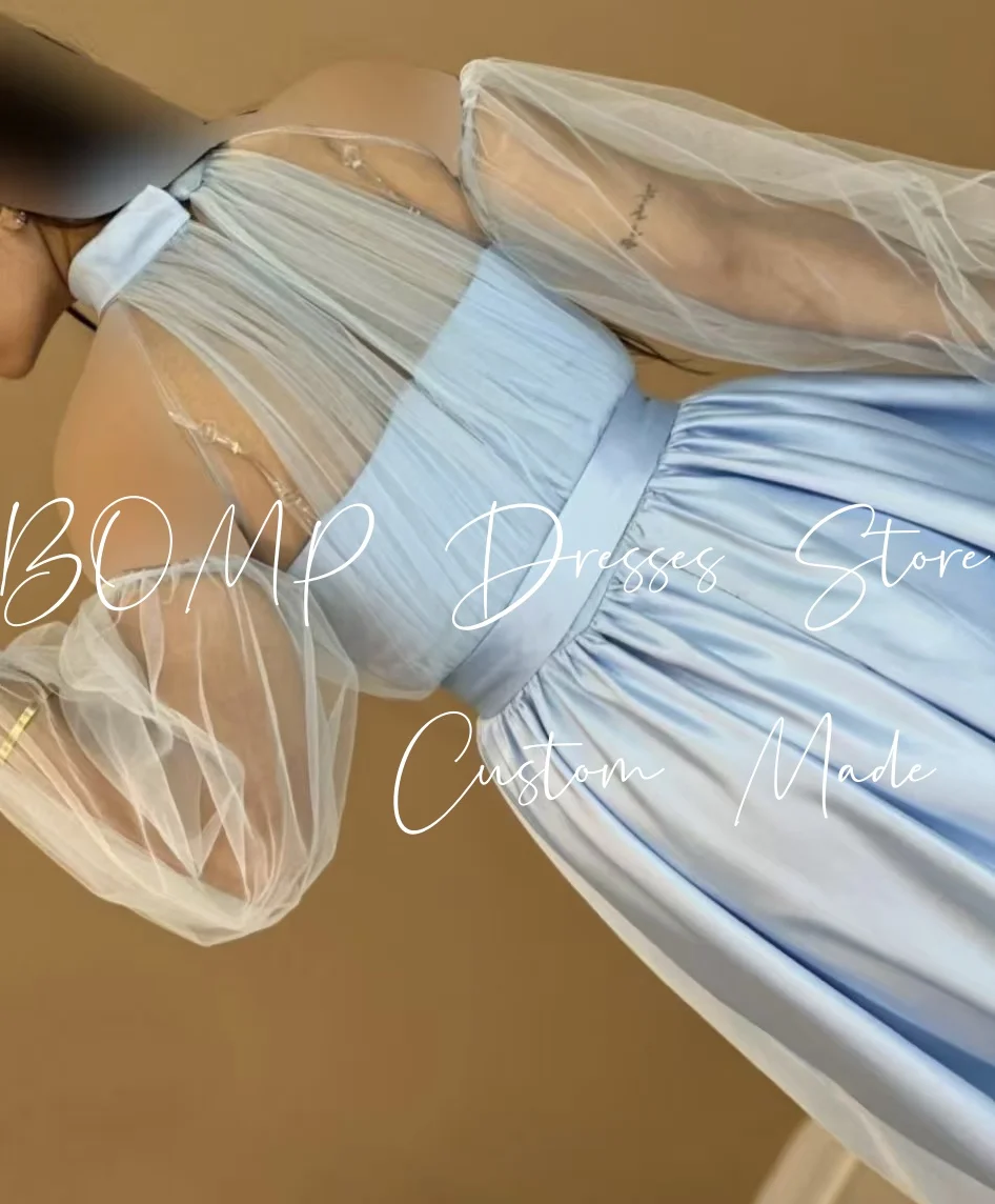 Elegancka niebieska suknia ślubna BOMP, wysoki dekolt, iluzja, pełne rękawy, drapowana, długa do podłogi, satynowa suknia wieczorowa dla panny młodej, szyta na miarę.