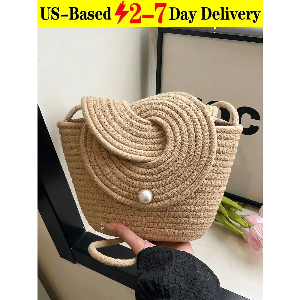 

2026 New French Niche Woven Women's Handbag, Summer Beach Vacation Bag, Large Capacity Tote Vegetable Basket,Woven Bucket Beach Bag For Women, Knitted Tote With Crossbody Strap & Pearl-Accented Twist Knot Closure, Minimalist Straw Bag For Vacation, Weddin