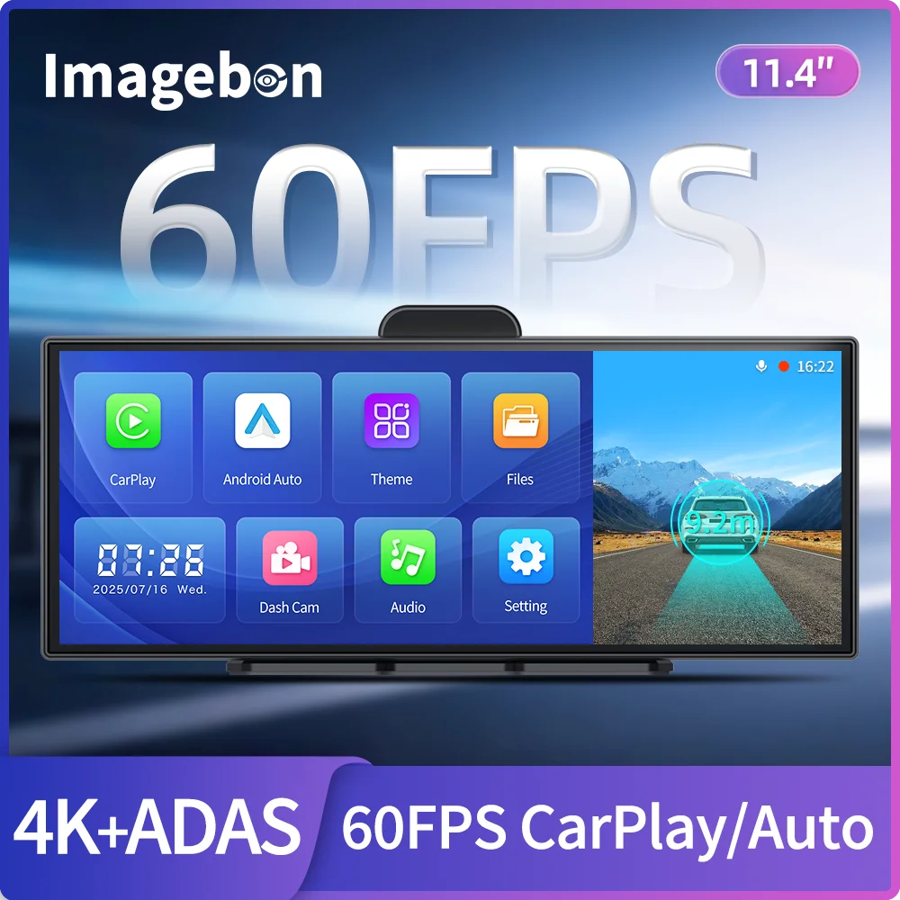 Imagebon H70 Plus 11,4′′ 4K ADAS Dash Cam 60FPS Reproductor de automóvil inalámbrico y Android Auto Grabación dual Visión nocturna DVR