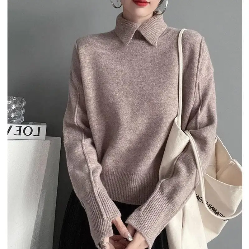 2025 Autumn Women Warm Shirt Turn-down Collar Solid Knit Pullover Winter Elegant All-match Long Sleeve Sweater Lady Elegant Tops