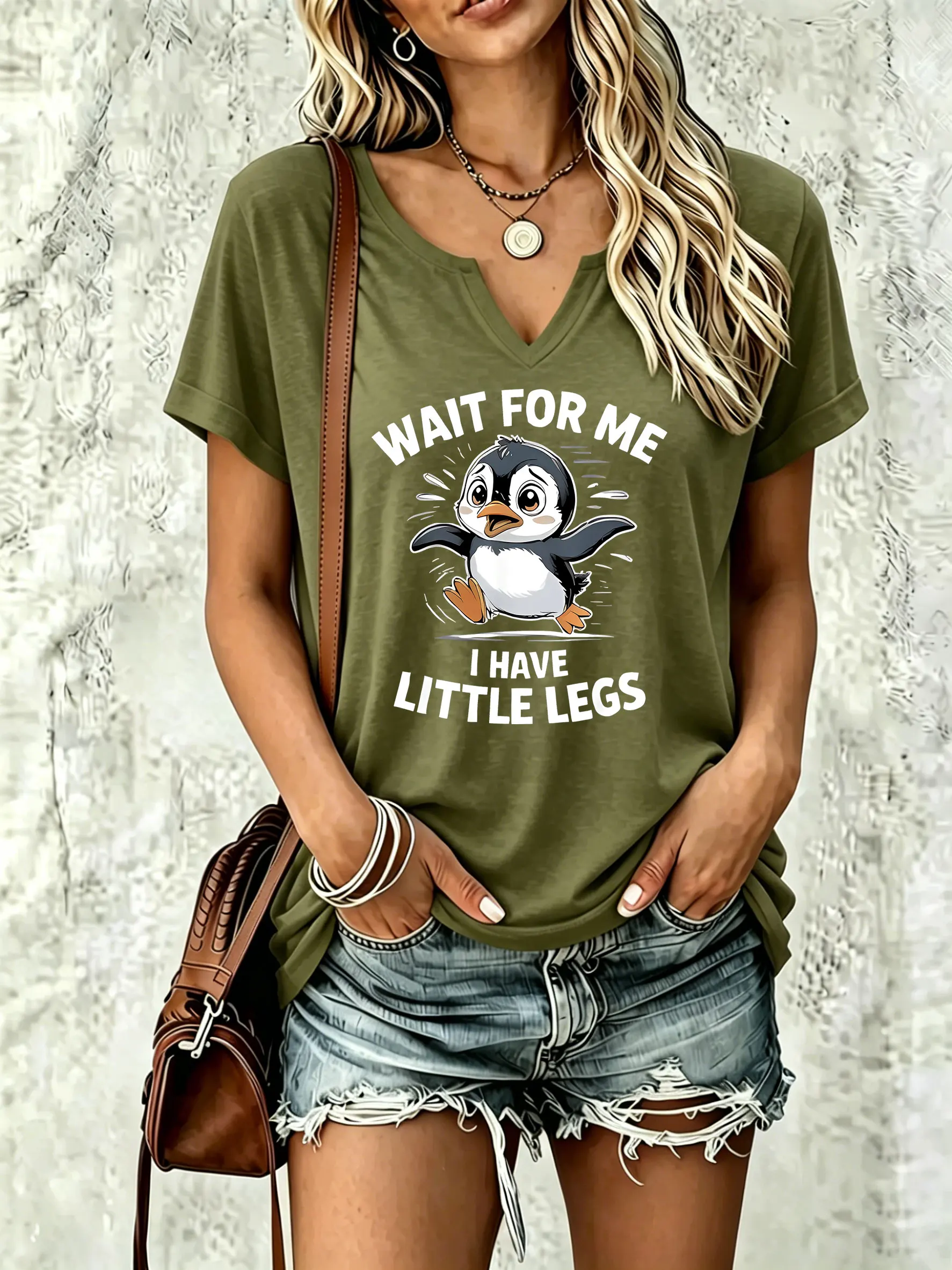 Women's V‑Neck Short Sleeve T‑Shirt, Cute Running Cartoon Penguin Graphic Print with Dynamic Splash Decor Casual Summer Tee