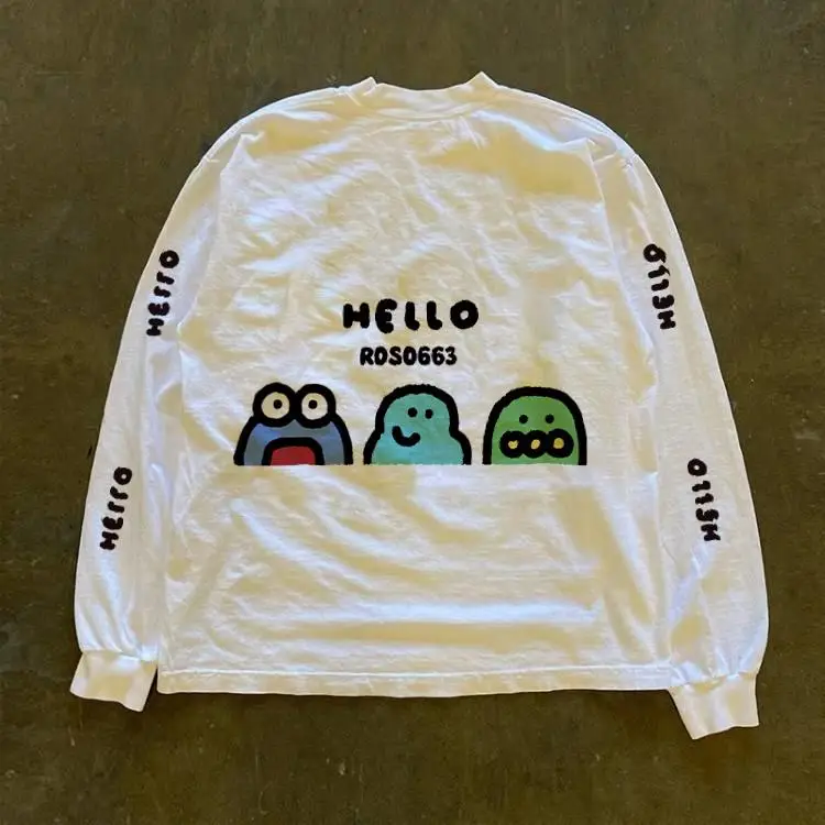 Heavyweight 310g Pure Cotton Long Sleeve T-Shirt American Retro Oversize Streetwear Versatile Miao Story T-Shirt for Men And ...