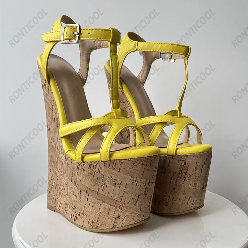 Ronticool Handmade Women T-strap Sandals Ultra High Wedges Heels Round Toe Classics Black Dress Shoes Ladies US Plus Size 5-15