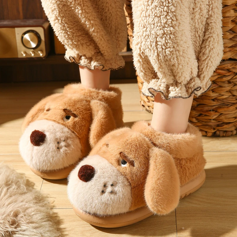 

Furry Dog Fluffy Slippers For Women High-top Style Winter House Shoes Cute Cartoon Warm Plush Female Indoor Garden Snow Boots