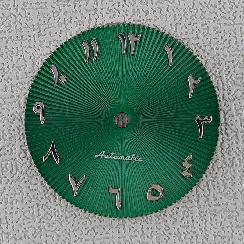 28,5 mm Zifferblatt mit Zeigern, arabischen Ziffern, radiale Textur, passend für NH35 NH36 Zifferblätter, Automatikwerk