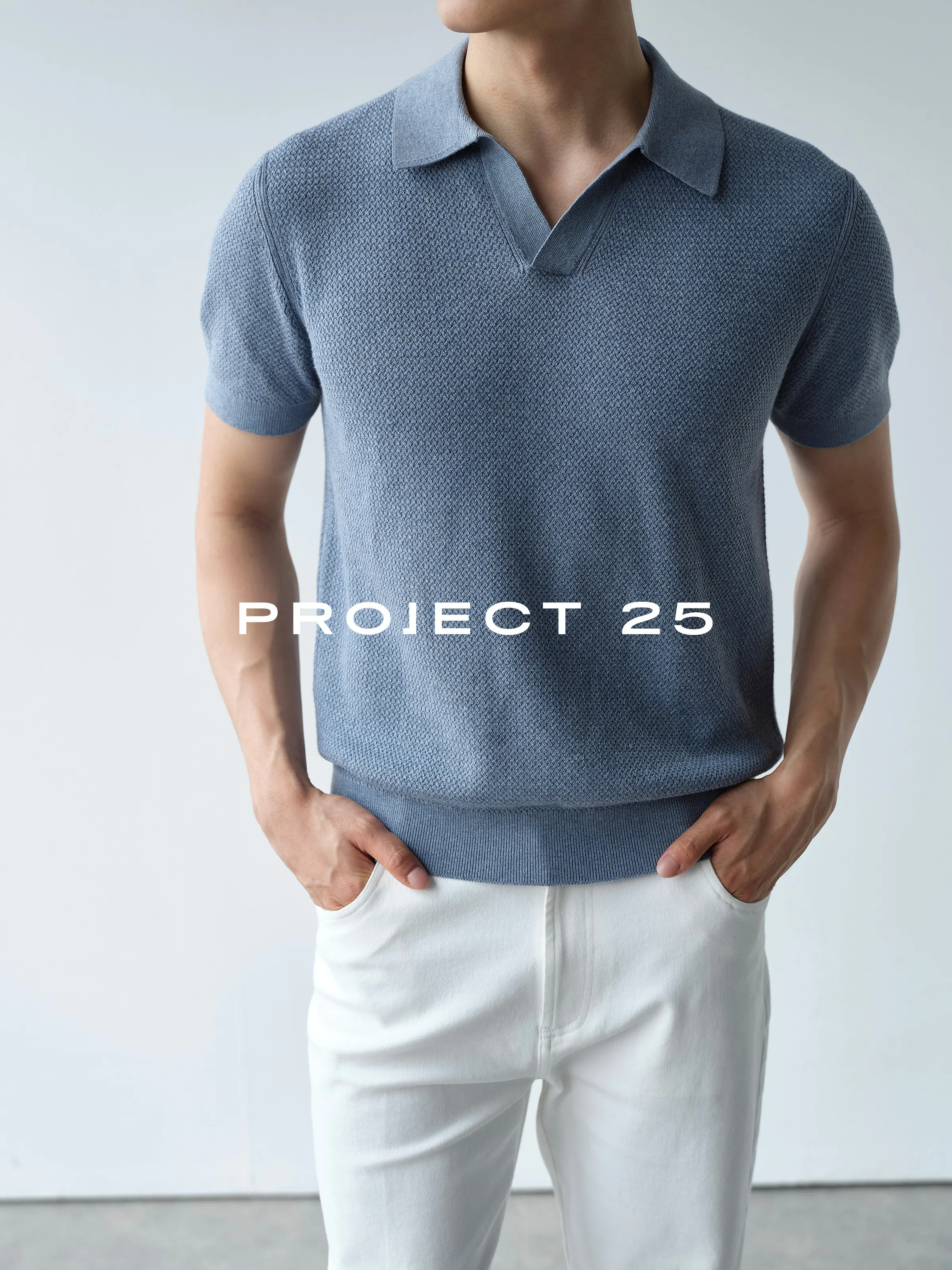 PROJECT 25 Men Double Strand Cotton Pineapple Knit Old Money Seagull Collar Polo Shirt Short Sleeve