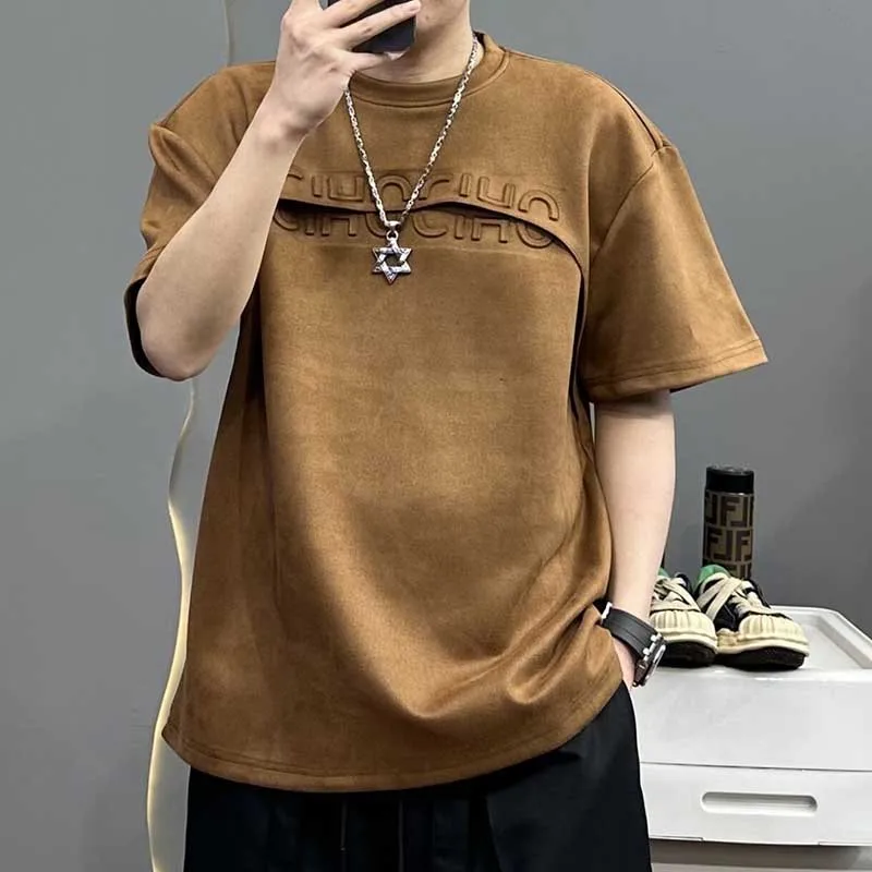 Fashion O-Neck Spliced All-match Solid Color Letter T-Shirts Men\'s Clothing 2024 Summer New Loose Korean Tops Casual Tee Shirt