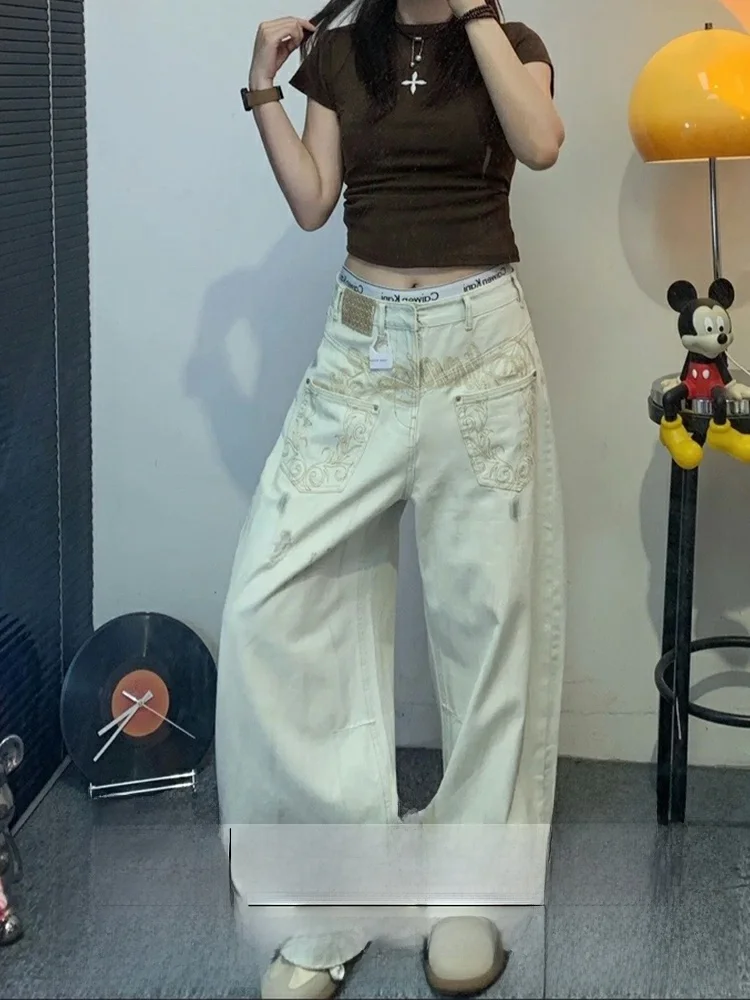 

Женские джинсы свободного кроя с высокой талией, джинсовые брюки с вышивкой, осень-зима, новые винтажные прямые брюки светлого цвета