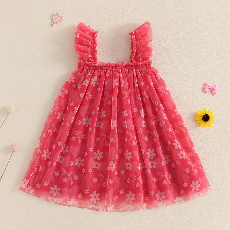 

Girls Sleeveless Floral Print Tulle Princess Dress A-line Slip Dress with Bow Detail Summer Party Dress for Kids