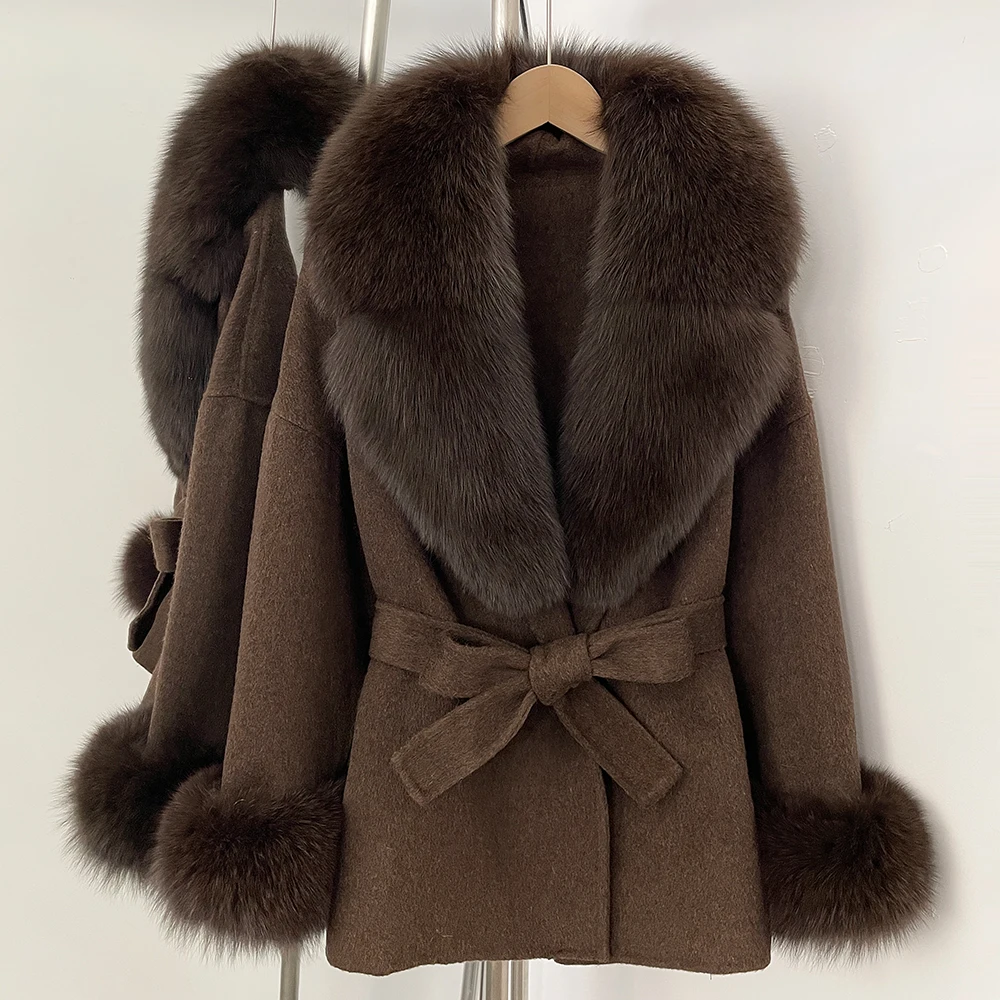 

Elegant Woolen Coat Women's Coat Belt Pocket Winter Wool & Trench Coats Natural Real Fur Jacket Women Outerwear Blends Wool Coat