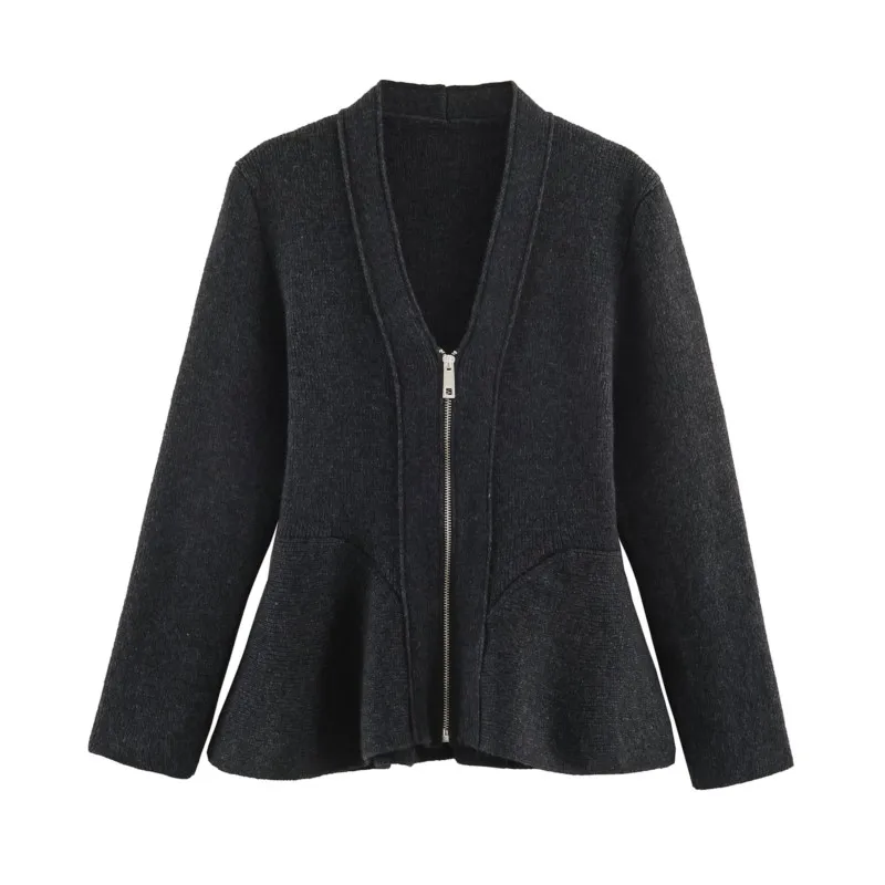 HipSeam Women's Peplum Cardigan New 2026 Autumn Casual V-Neck Long Sleeve Woman Zipper Sweaters Chic Female Tops