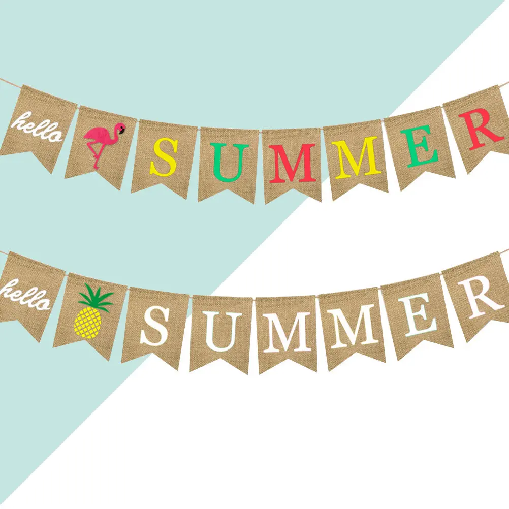 2Pcs Summer Party Bunting Hawaii Themed Burlap Pull Flag Featuring Cute Flamingo Pineapple Patterns Ideal for Birthday Dancing