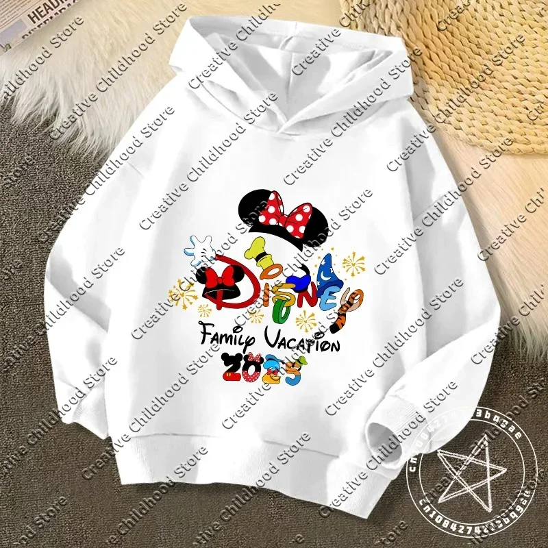 Disney Kawaii 2025 Fashion Disneyland Trip Vacation Clothes Caricature Hoodie Children Top Cartoons Girl Clothes Boy Disney Kids