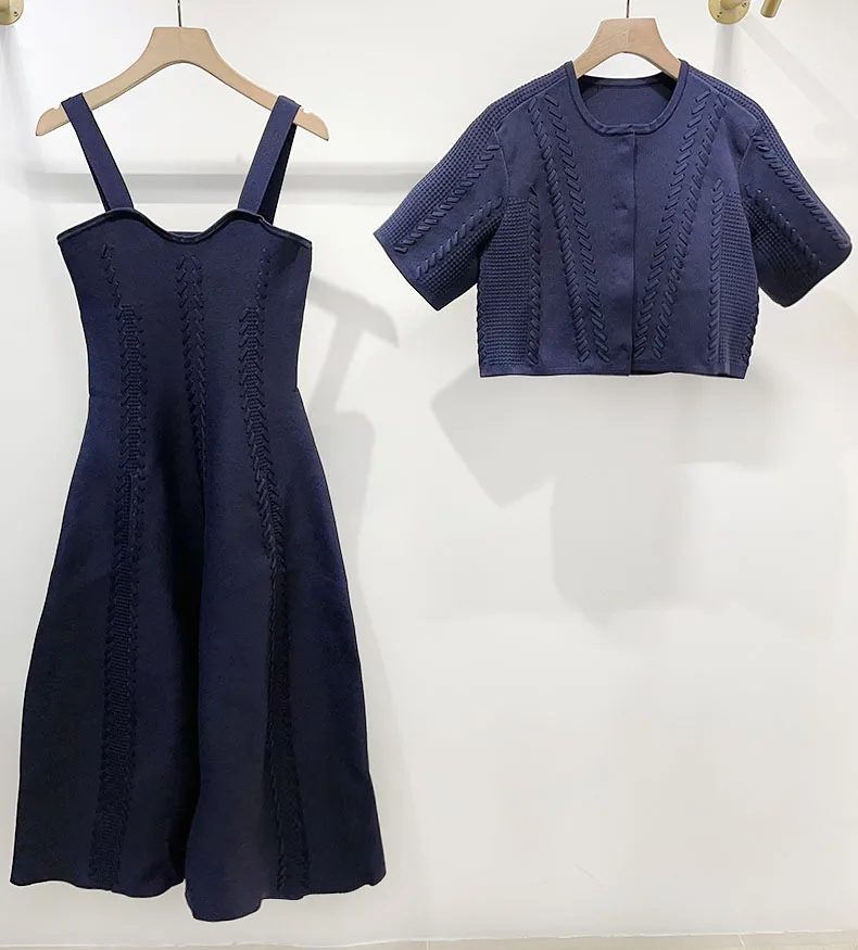 

2025 Early Summer Women Hollow Out Knit Set Tie Weave Design O-Neck Short Cardigan + A-Line Mini Sling Dress Suit