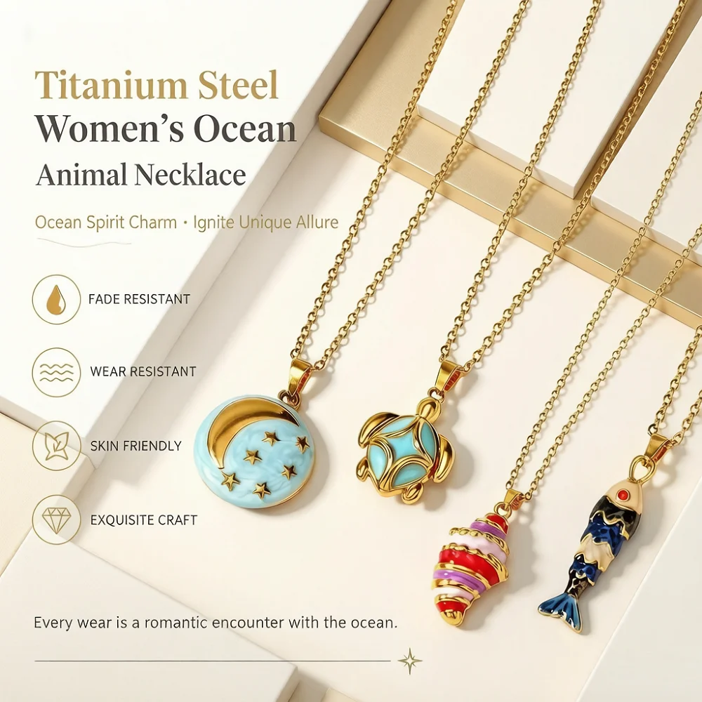 Stainless Steel Ocean Animal Necklace Women Sea Turtle Star Moon Conch Fish Pendant Necklaces Fashion Jewelry Summer Beach Gift