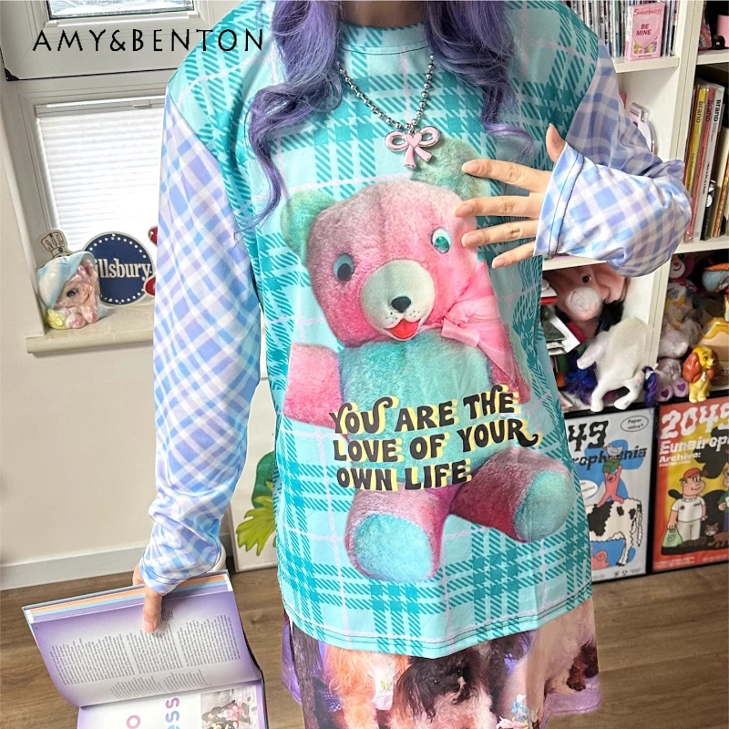 

Женская нижняя рубашка с милым животным принтом японского дизайна, осенняя новая милая универсальная клетчатая футболка в клетку, женская футболка