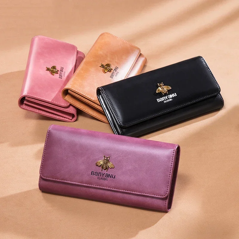 2025 New Design Women Wallets Fashion Bee Ornament Long Phone Purse Luxury Genuine Leather Card Holder Purple Wine-red Wallet