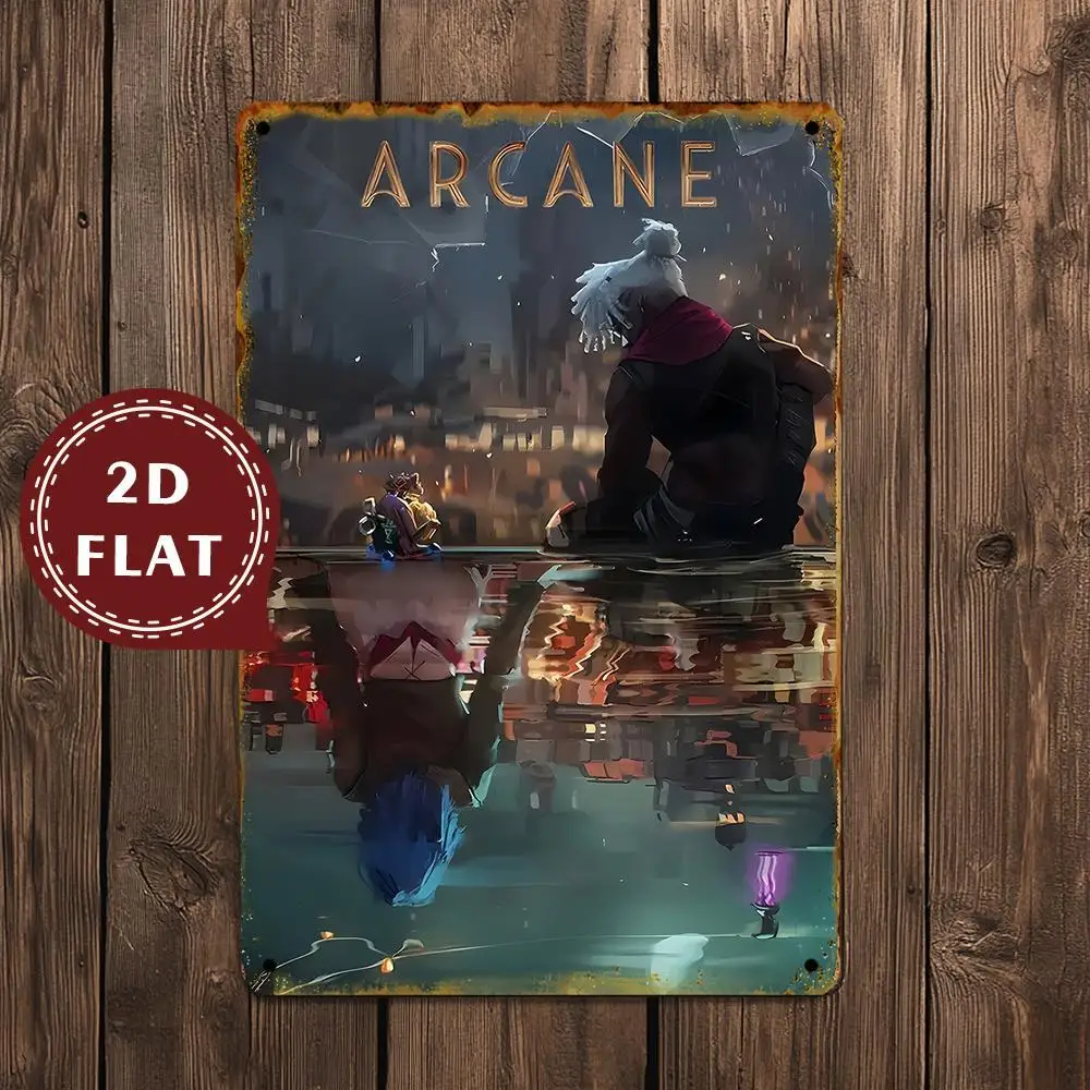 Vintage Arcane Fantasy City Metal Wall Art - Double-Sided Shadow Duel Decorative Plaque, Rustic Iron Hanging Sign for Home, Caf