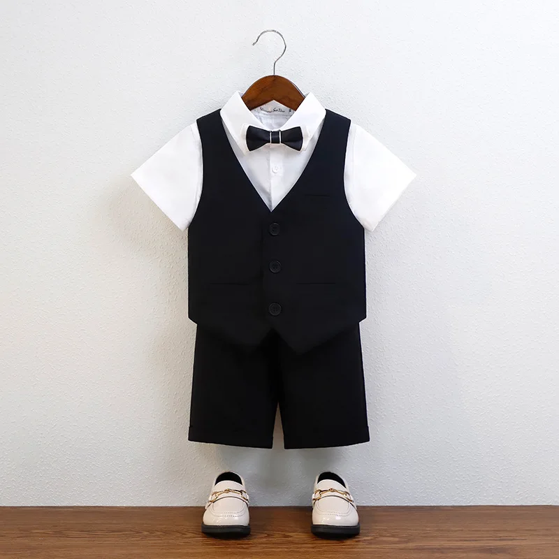 Boys Birthday Wedding Party Dress Children Summer Green Baptism Photography Suit Kids Vest Shirt Shorts Bowtie Ceremony Costume