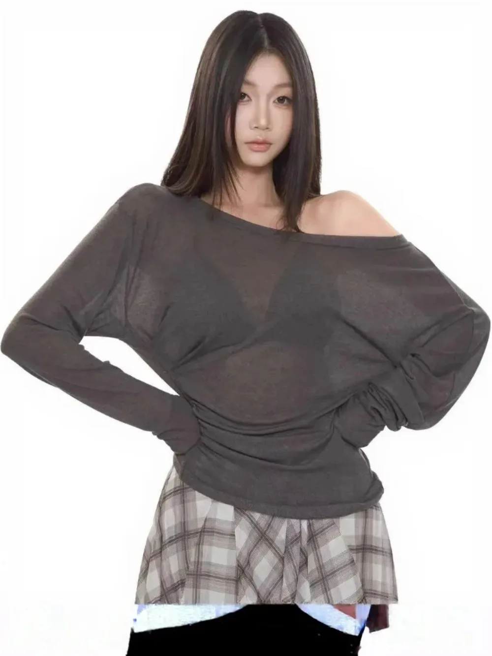 Women See Through Long Sleeve Oversized T Shirt Back Bandage Off Shoulder Sexy Korean Chic Streetwear Daily Casual Top