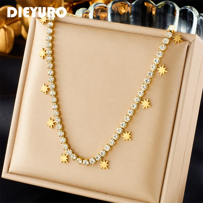 DIEYURO 316L Stainless Steel Pentagram Star Chokers Necklace For Women Girl Fashion Full White Zircon Neck Chain Jewelry Gift