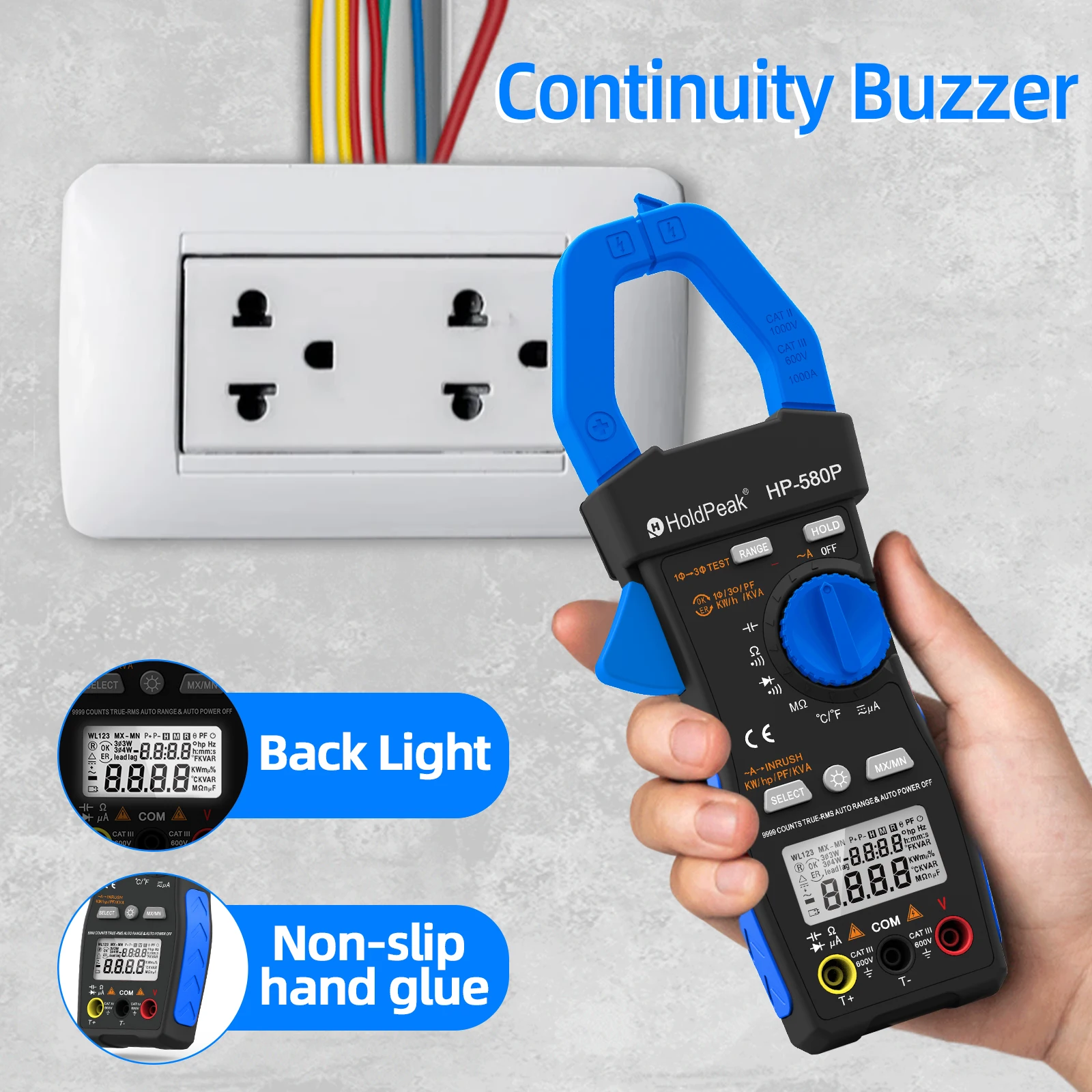 HOLDPEAK HP-580P Three-Phase  Clamp Meter 9999 Display Power Tester Meter In-Rush Current,True RMS,ACV,ACA,KW,KVA,for HVAC