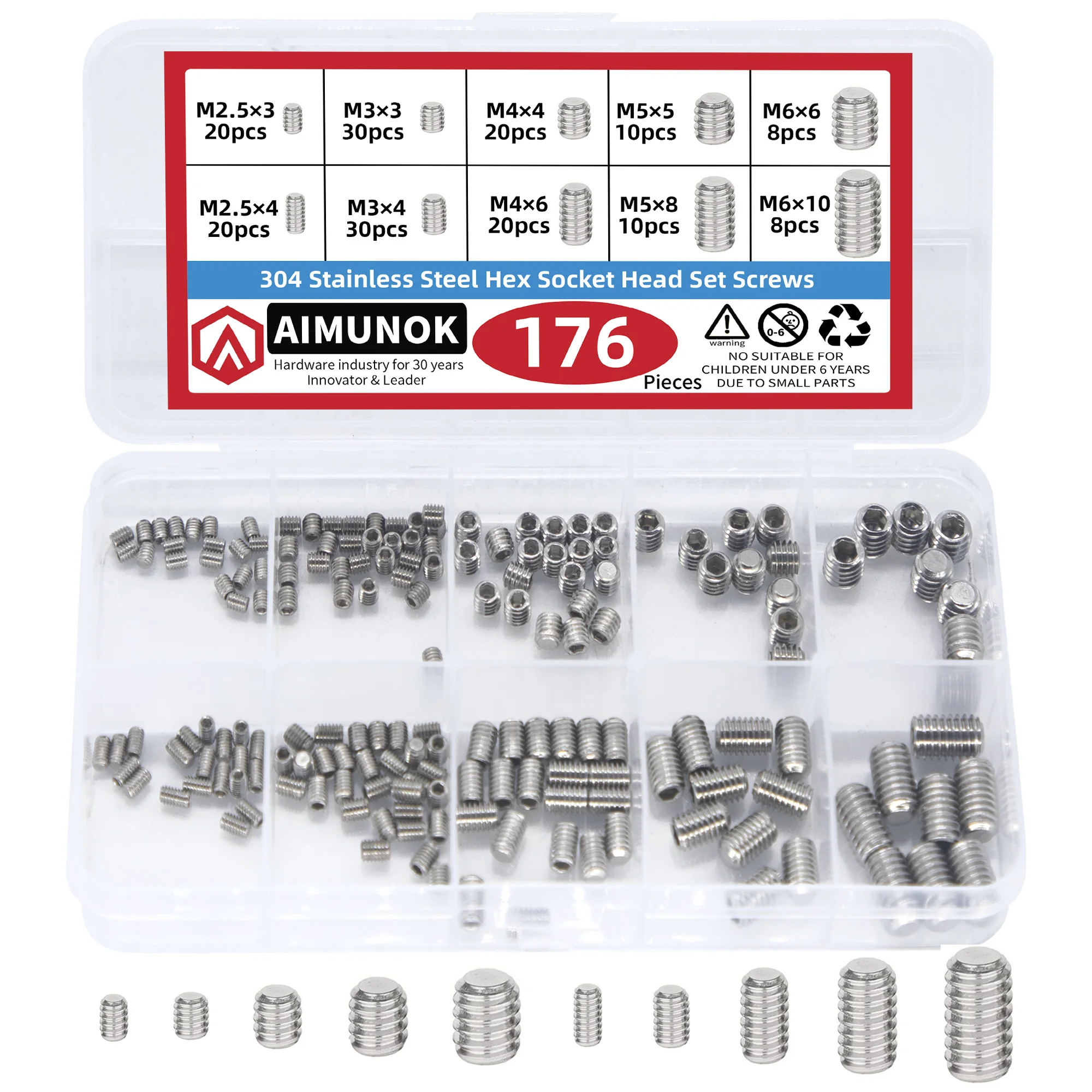 176pcs 304 Stainless steel Hex socket Head set screws Hex Hexagon Socket Allen Flat Point Grub Bolt Set Screw Kit Box