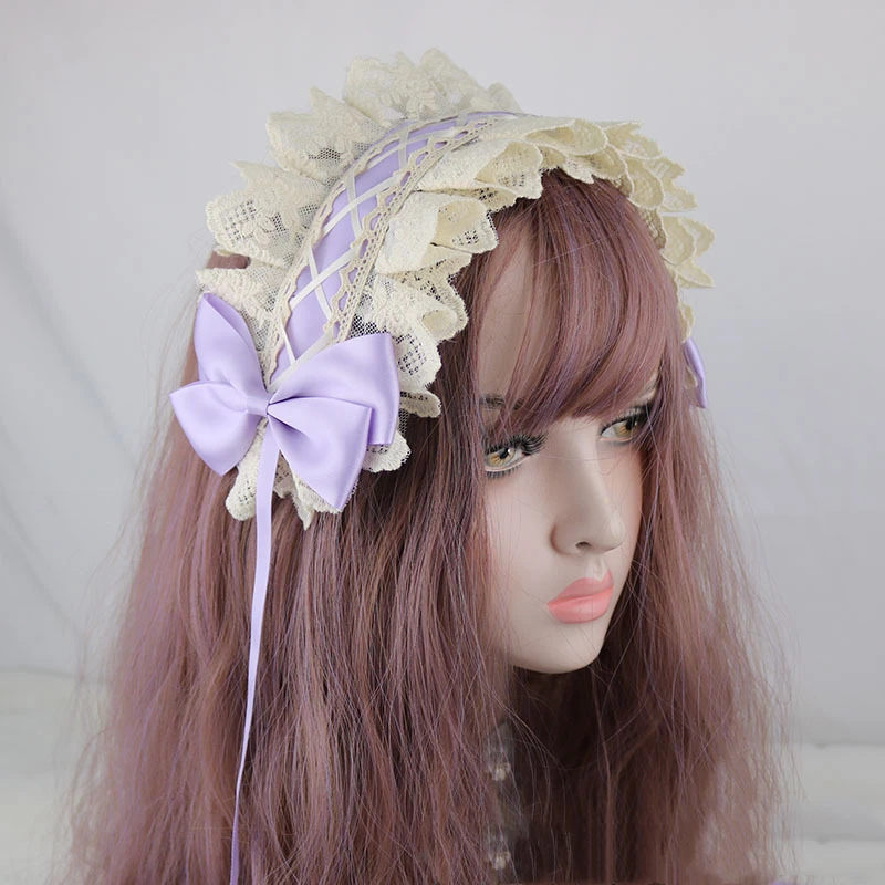 Punk Retro Gothic Lolita Headdress KC Cosplay Dark Black Style Maid Anime Lace Bow Ribbon Headband Kawaii Accessories